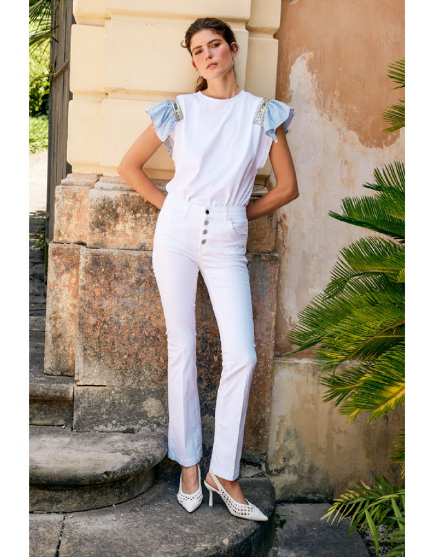 Fly Girl maglietta manica corta da donna con applicazione sulla spalla e manche a righe 11684/01 bianco