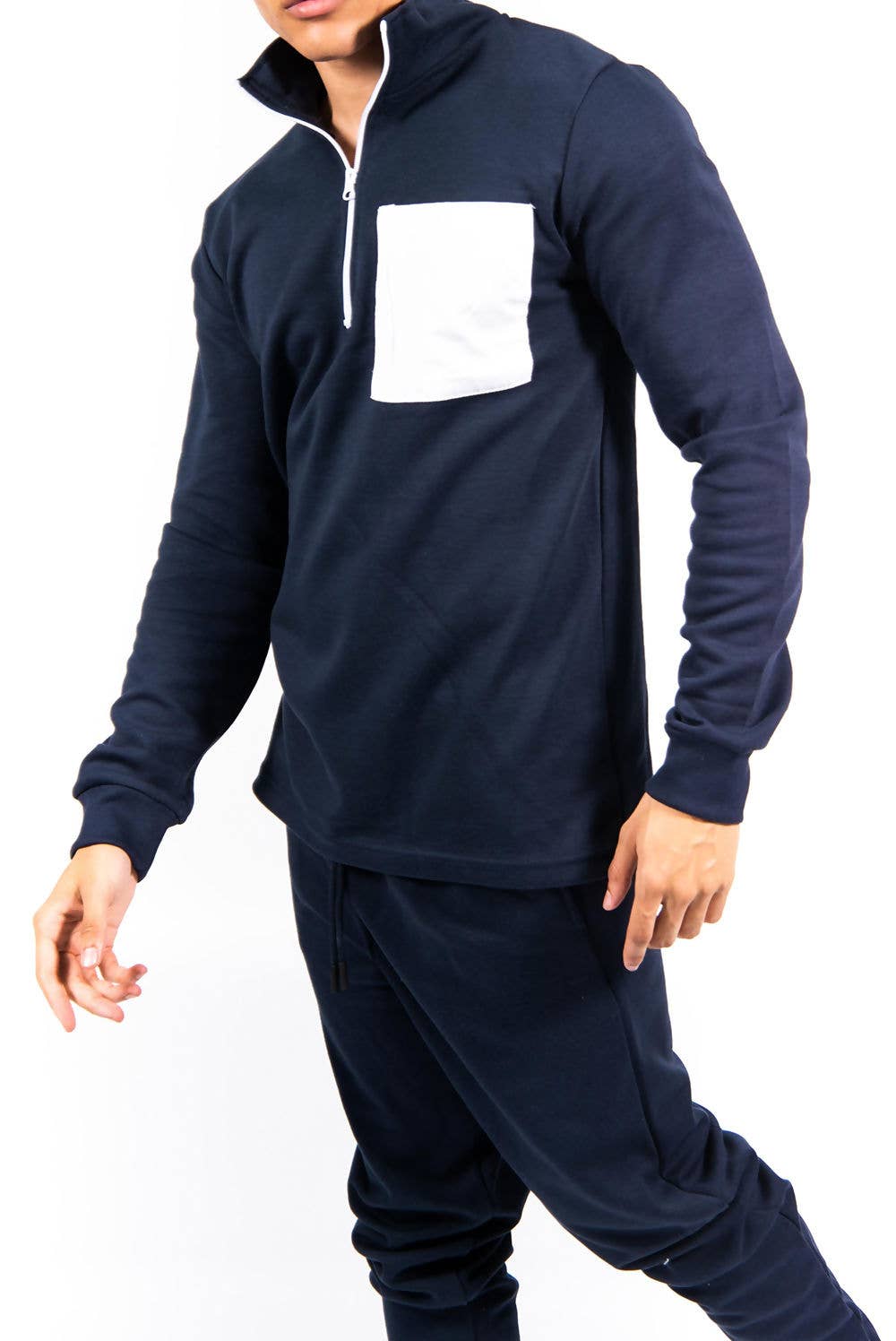 Tuta Skinny Fit Uomo Con Tasche A Contrasto Blu Scuro Con Mezza Zip