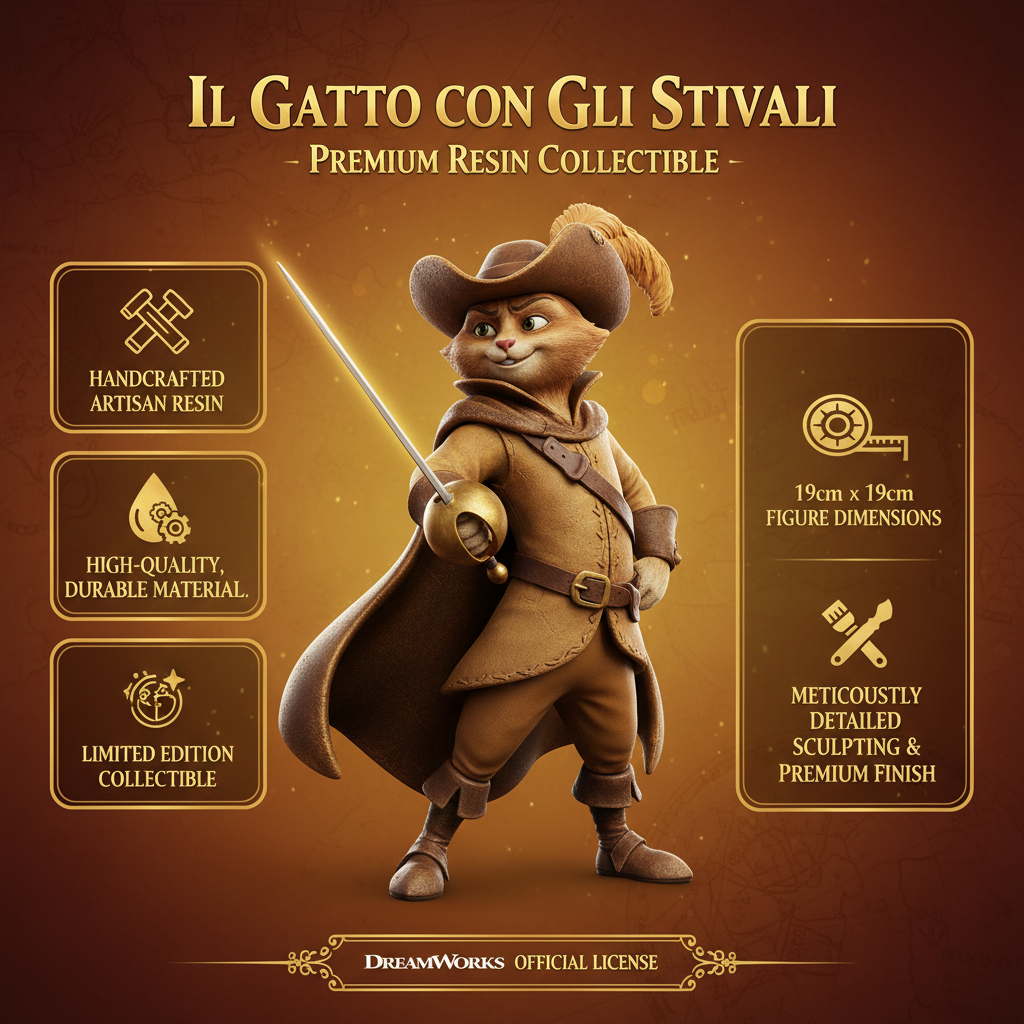 Infografica Action Figure Il Gatto con gli Stivali 19x19cm - Caratteristiche premium