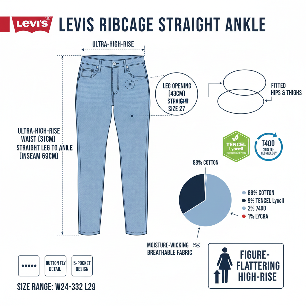 Infografica tecnica Levi's Ribcage Straight Ankle - vita 31cm TENCEL T400 performance