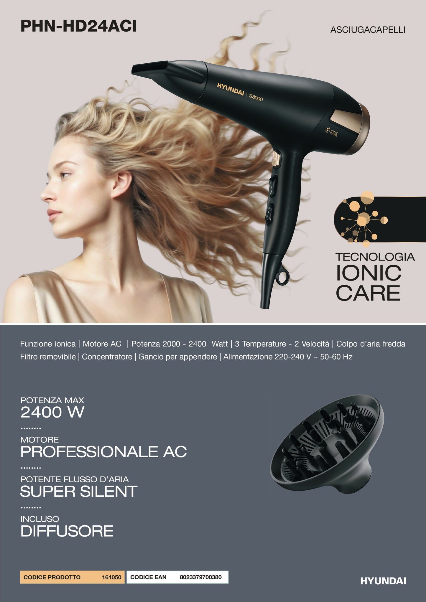 Asciugacapelli Hyundai PHN-HD24ACI 2400W Ionico Diffusore