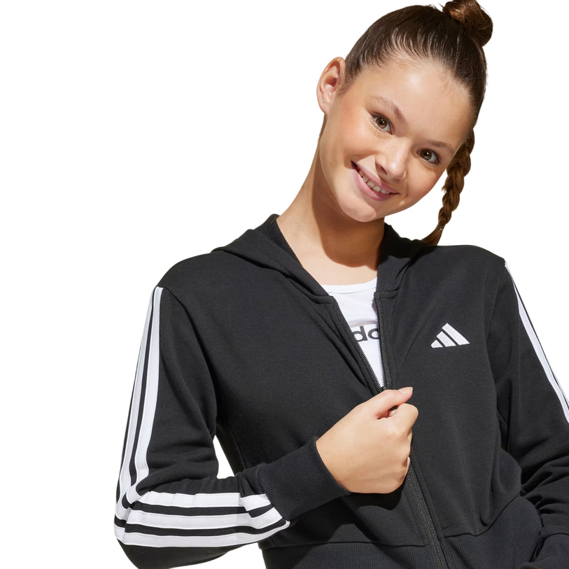 Adidas Felpa Con Cerniera e Cappuccio da Ragazza Essentials JJ0956 nero cerniera aperta
