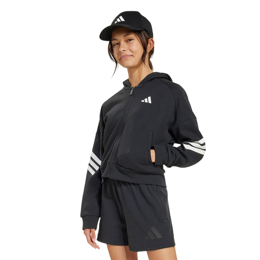 Adidas Felpa con cappuccio e cerniera FT 3 STRIPES JJ4847 Nera - Stile e Comfort per Ragazze