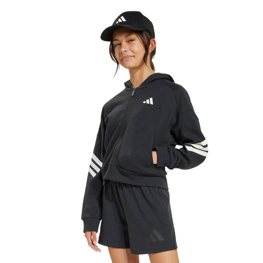 Adidas Felpa con cappuccio e cerniera FT 3 STRIPES JJ4847 Nera - Stile e Comfort per Ragazze