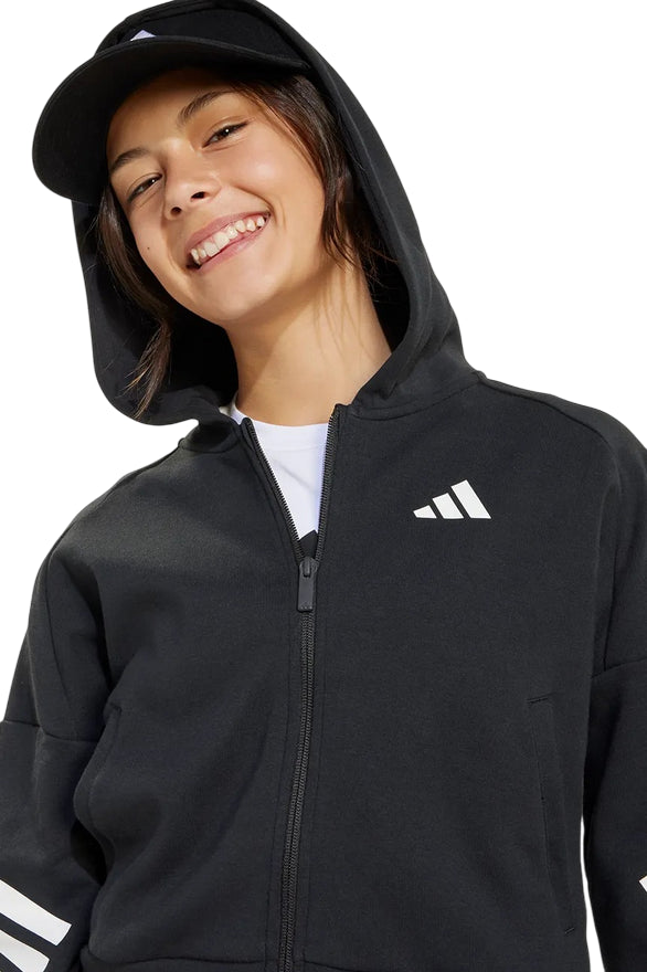 Adidas Felpa con cappuccio e cerniera FT 3 STRIPES JJ4847 Nera - Stile e Comfort per Ragazze
