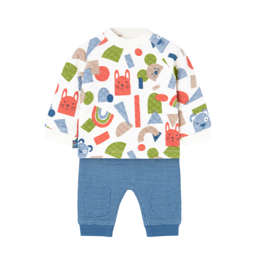 Boboli Completo di felpa e pantaloni in cotone per neonato con stampa animali 139182-9452 bianco-celeste