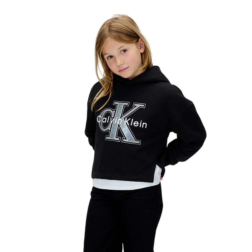 Calvin Klein Felpa con Cappuccio Unisex Junior Festiva Grafica Pile IG0IG03018BHE Nero