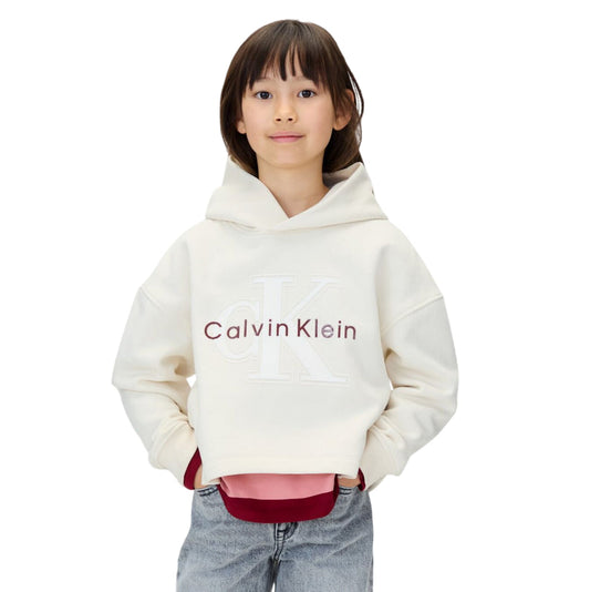 Calvin Klein Felpa con Cappuccio Unisex Junior Festiva Grafica Pile IG0IG03018PGB Panna