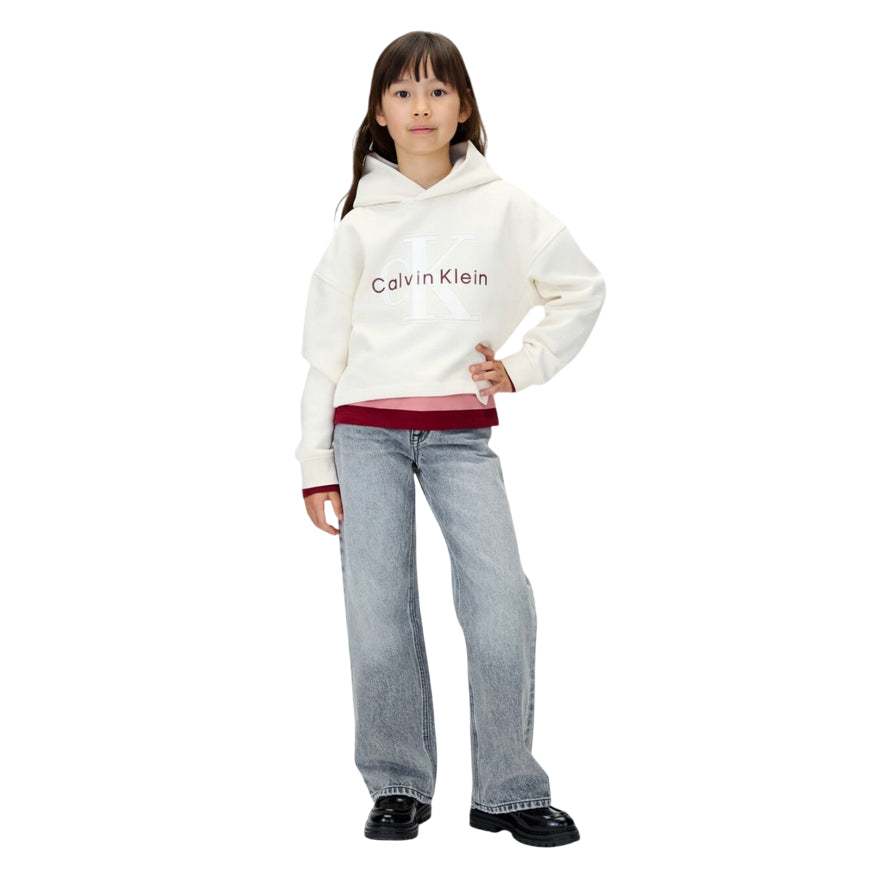 Calvin Klein Felpa con Cappuccio Unisex Junior Festiva Grafica Pile IG0IG03018PGB Panna