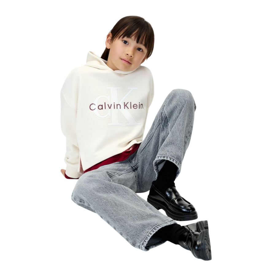 Calvin Klein Felpa con Cappuccio Unisex Junior Festiva Grafica Pile IG0IG03018PGB Panna