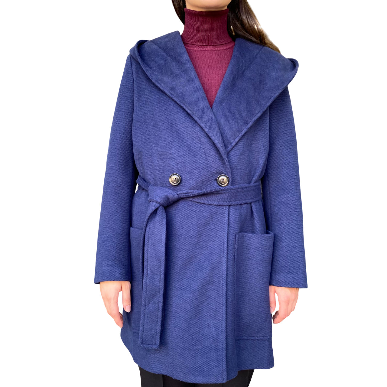 Cappotto Doppiopetto Corto con Cappuccio Donna DGF6055 Blu