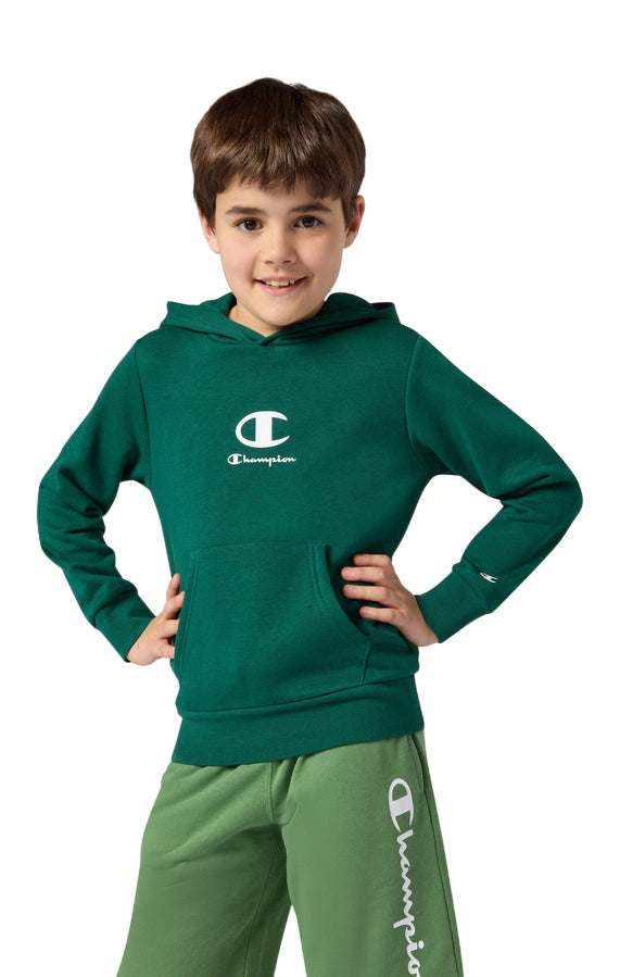 Felpa Champion junior con cappuccio 307395 GS584 verde vista frontale con logo Champion e tasca marsupio per bambini