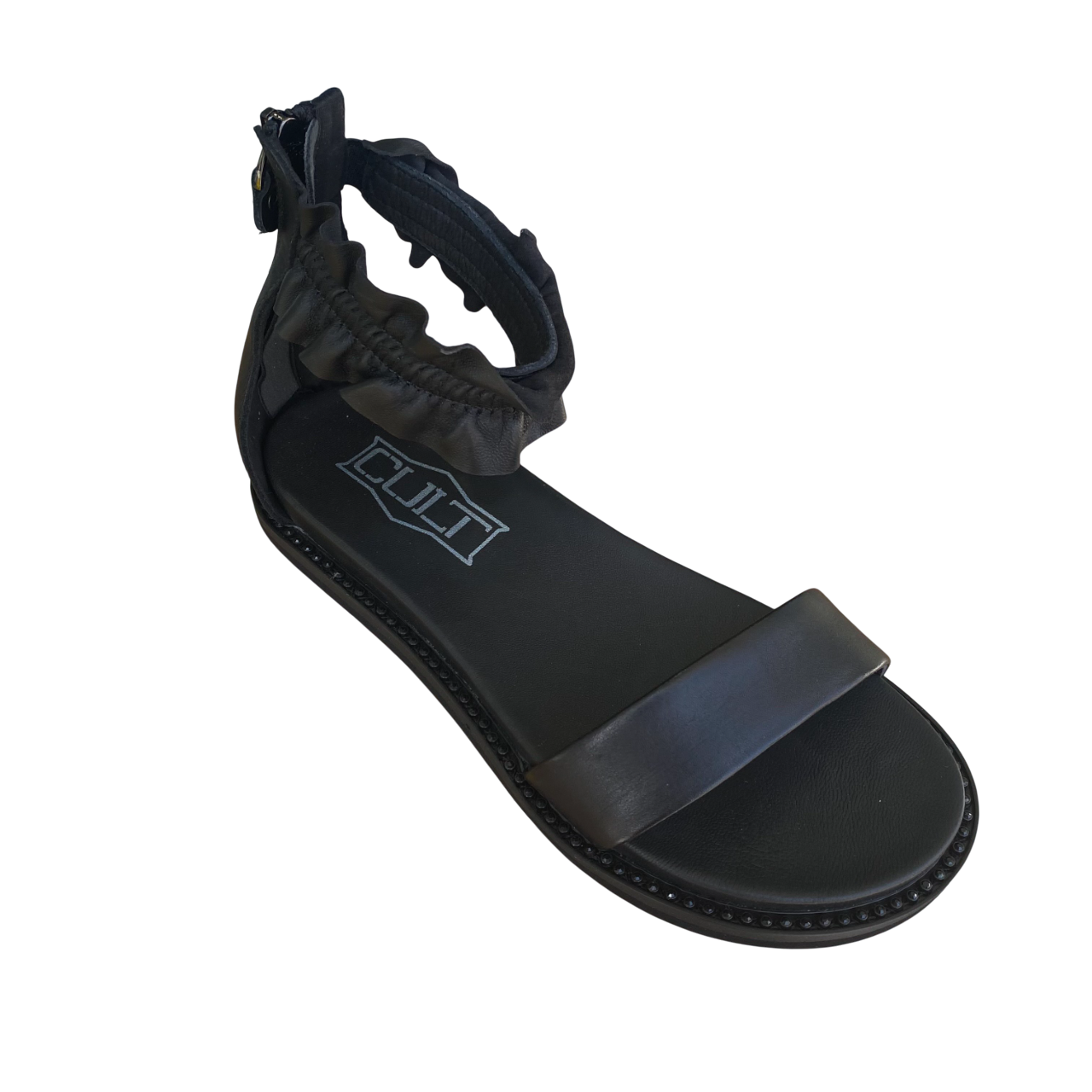 Cult sandalo flat da donna con fascia rouche alla caviglia Roshelle 4495 nero