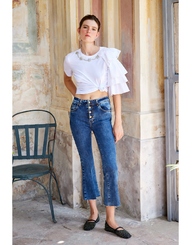 Fly Girl maglia manica corta da donna con manca volant e applicazione pietre al collo 11686/01 bianco