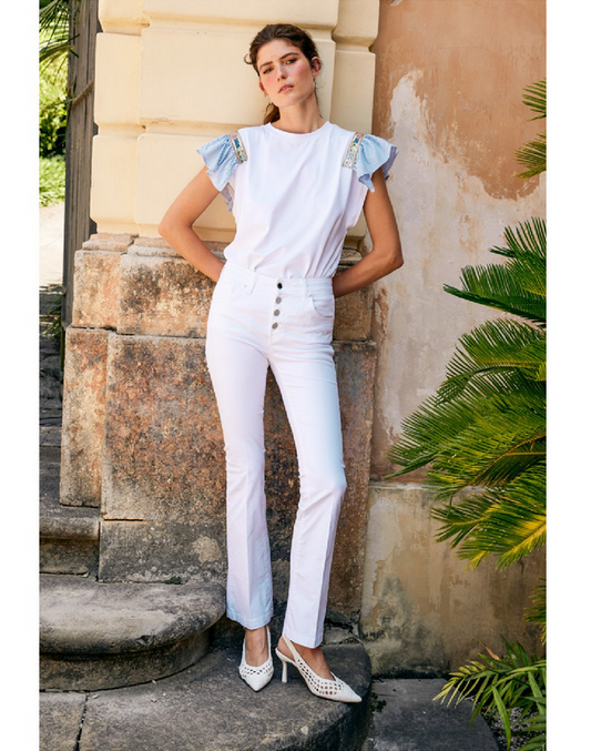 Fly Girl maglietta manica corta da donna con applicazione sulla spalla e manche a righe 11684/01 bianco