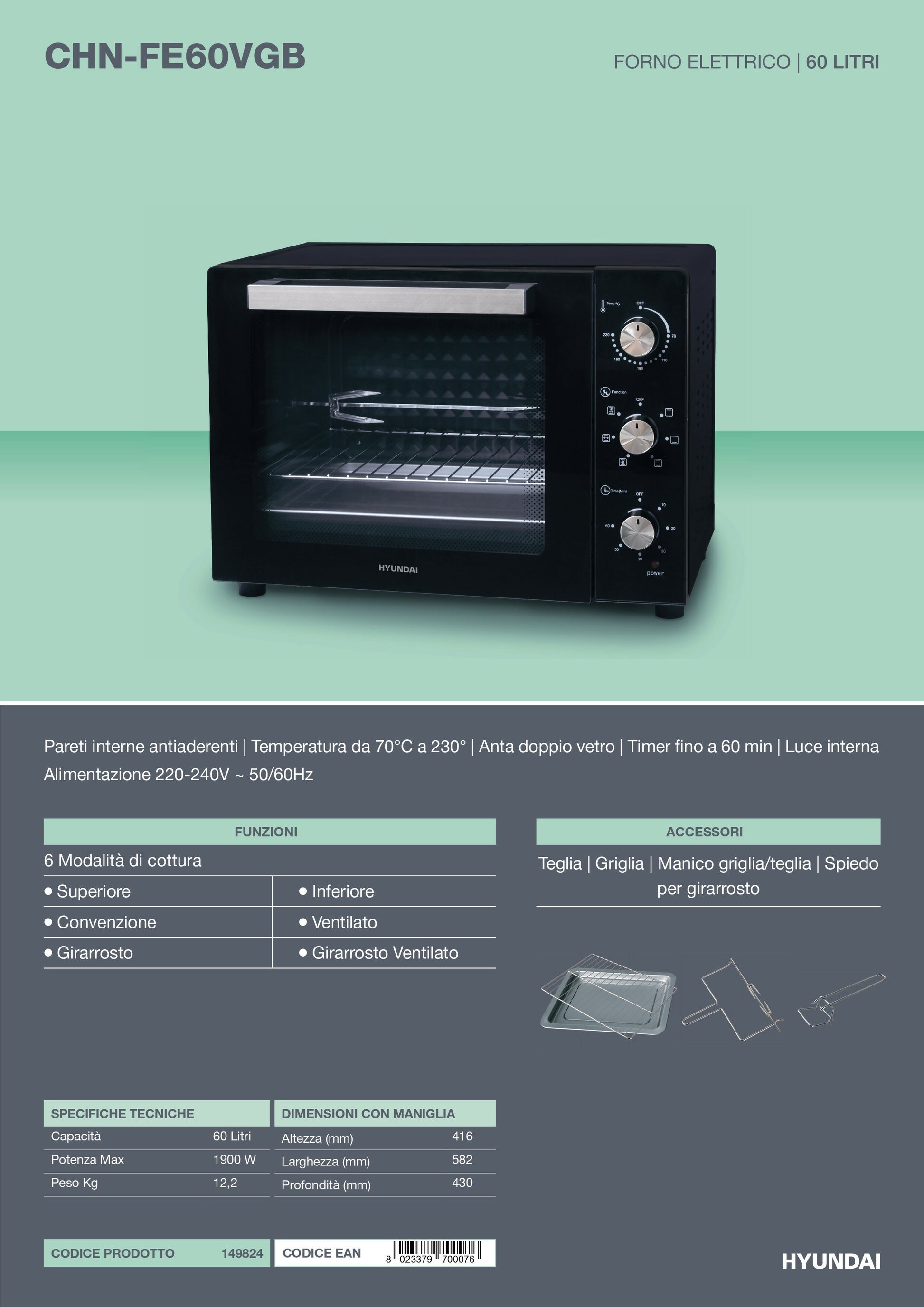 Forno Elettrico Hyundai 60L 1900W Ventilato 6 Modalità Girarrosto