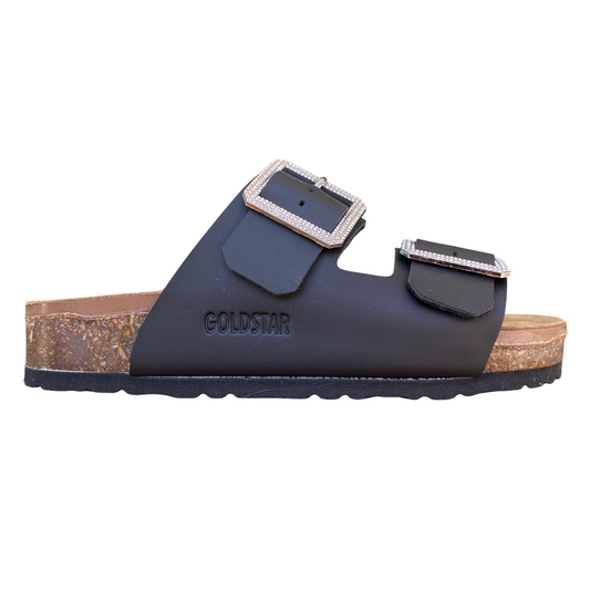 Goldstar ciabatta da donna sottopiede in pelle con 2 fibbie con strass GS31801QS premier nero