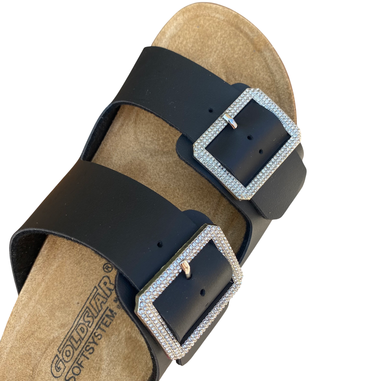 Goldstar ciabatta da donna sottopiede in pelle con 2 fibbie con strass GS31801QS premier nero