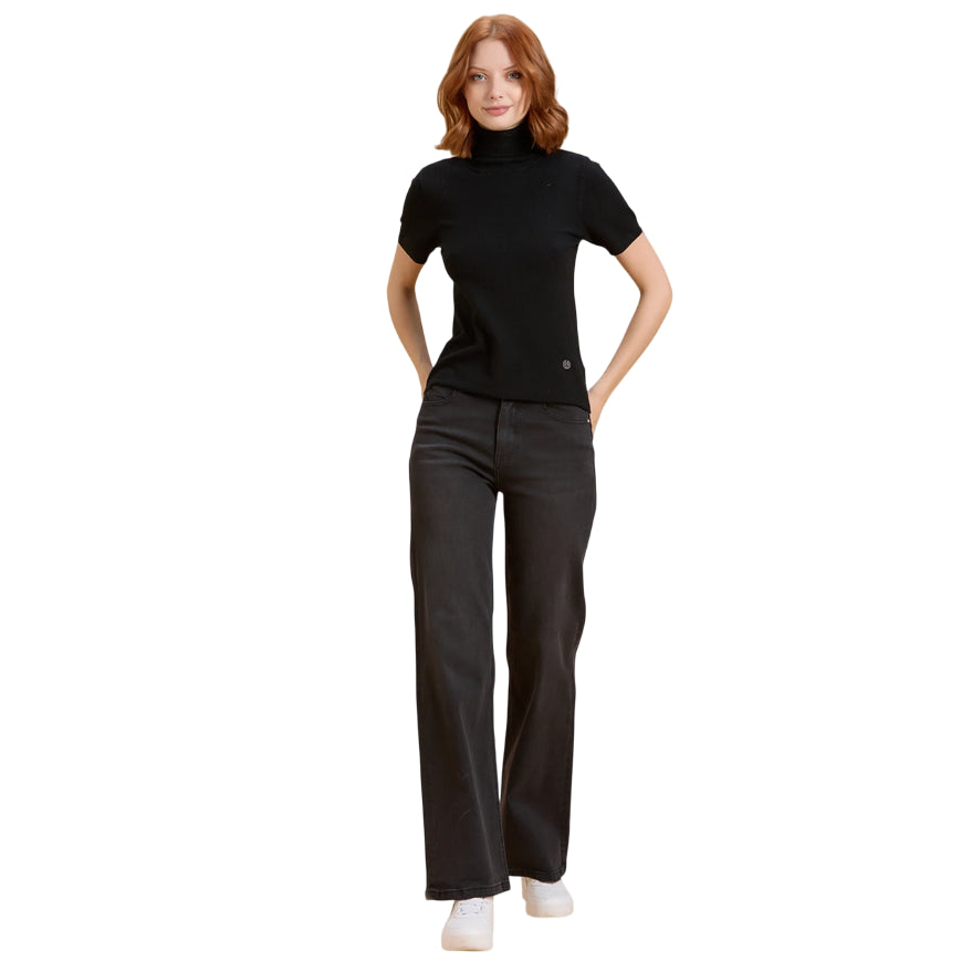 Griffai - Jeans Donna DGF5821 Nero - Pantalone Flare a Palazzo