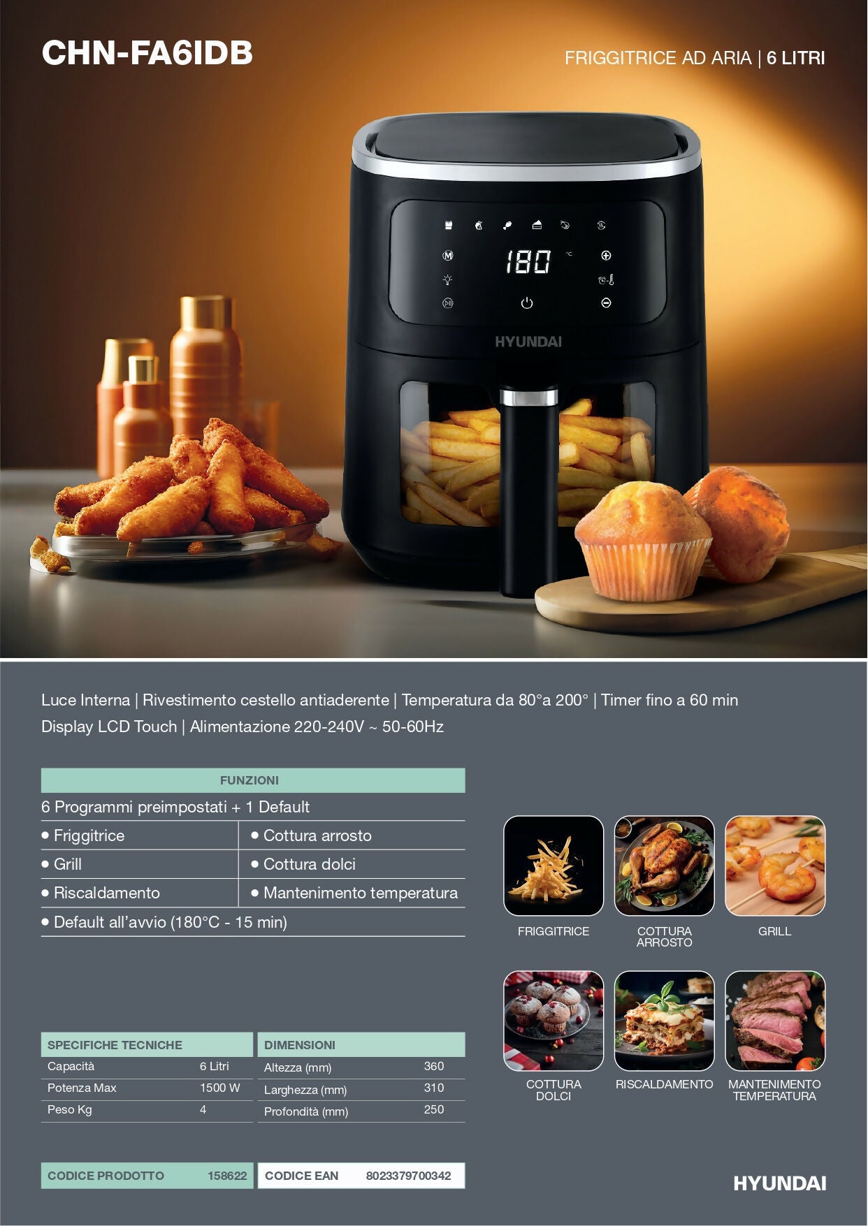 Hyundai CHN-FA6IDB – Friggitrice ad Aria 6L 1500W con Display Touch