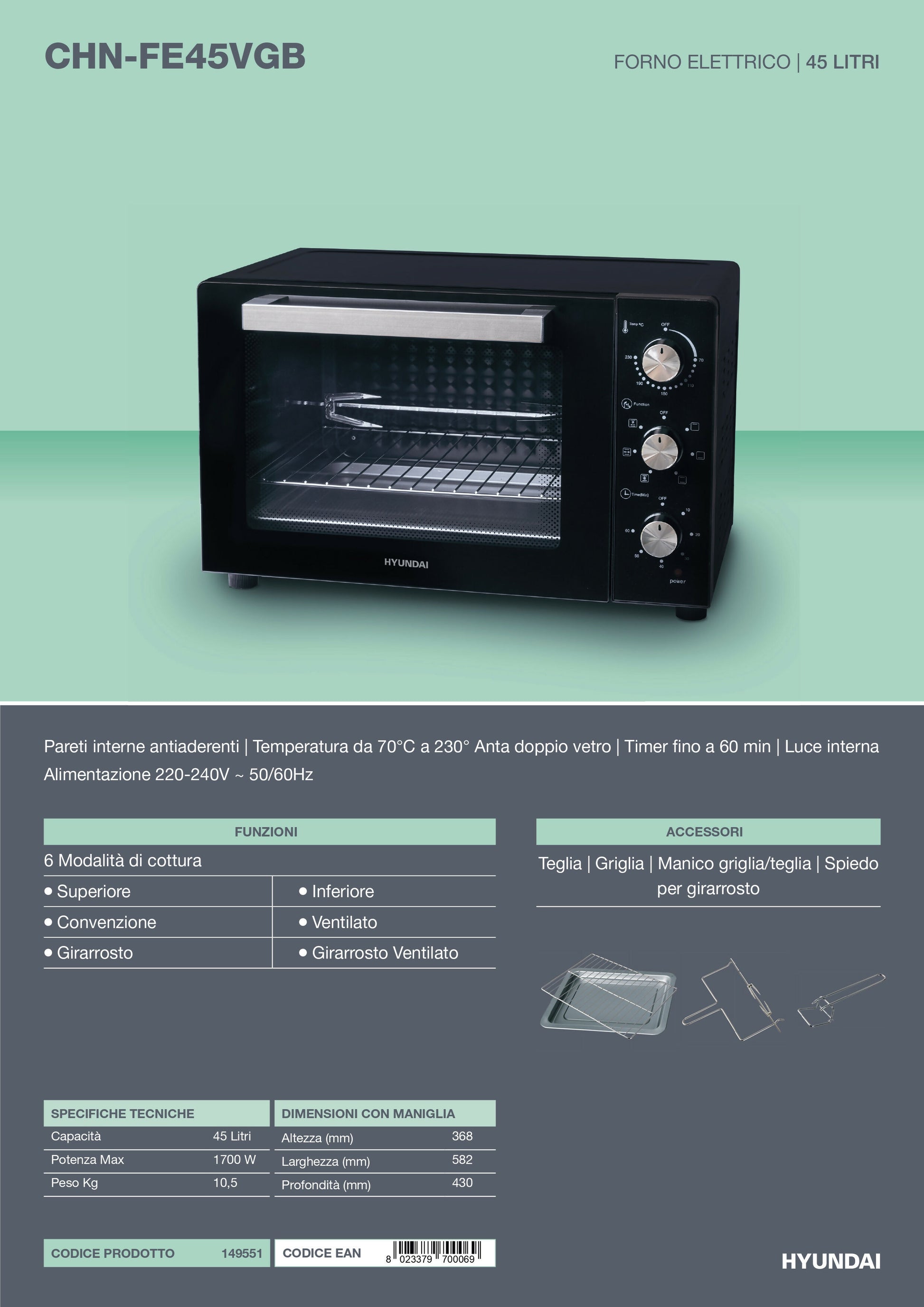 Hyundai CHN-FE45VGB – Forno Elettrico Ventilato 45L 1700W con Girarrosto