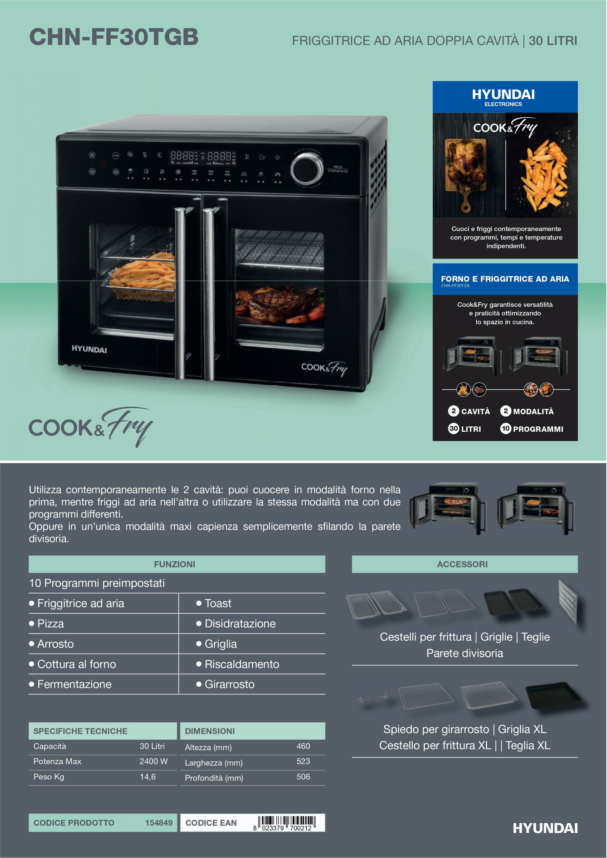 Hyundai CHN-FF30TGB – Forno Friggitrice ad Aria Doppia Cavità 30L 2400W