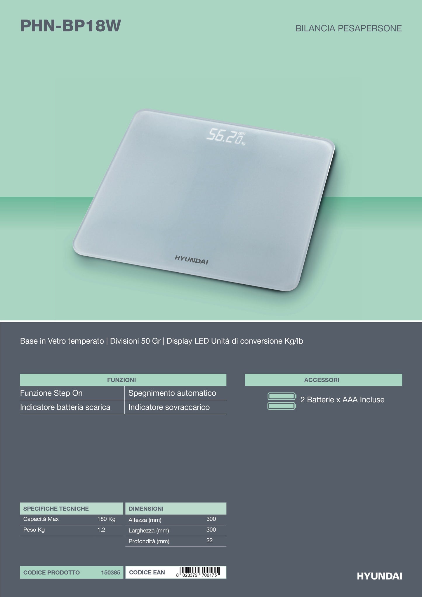 Hyundai PHN-BP18W – Bilancia Pesapersone Digitale 180kg con Display LED