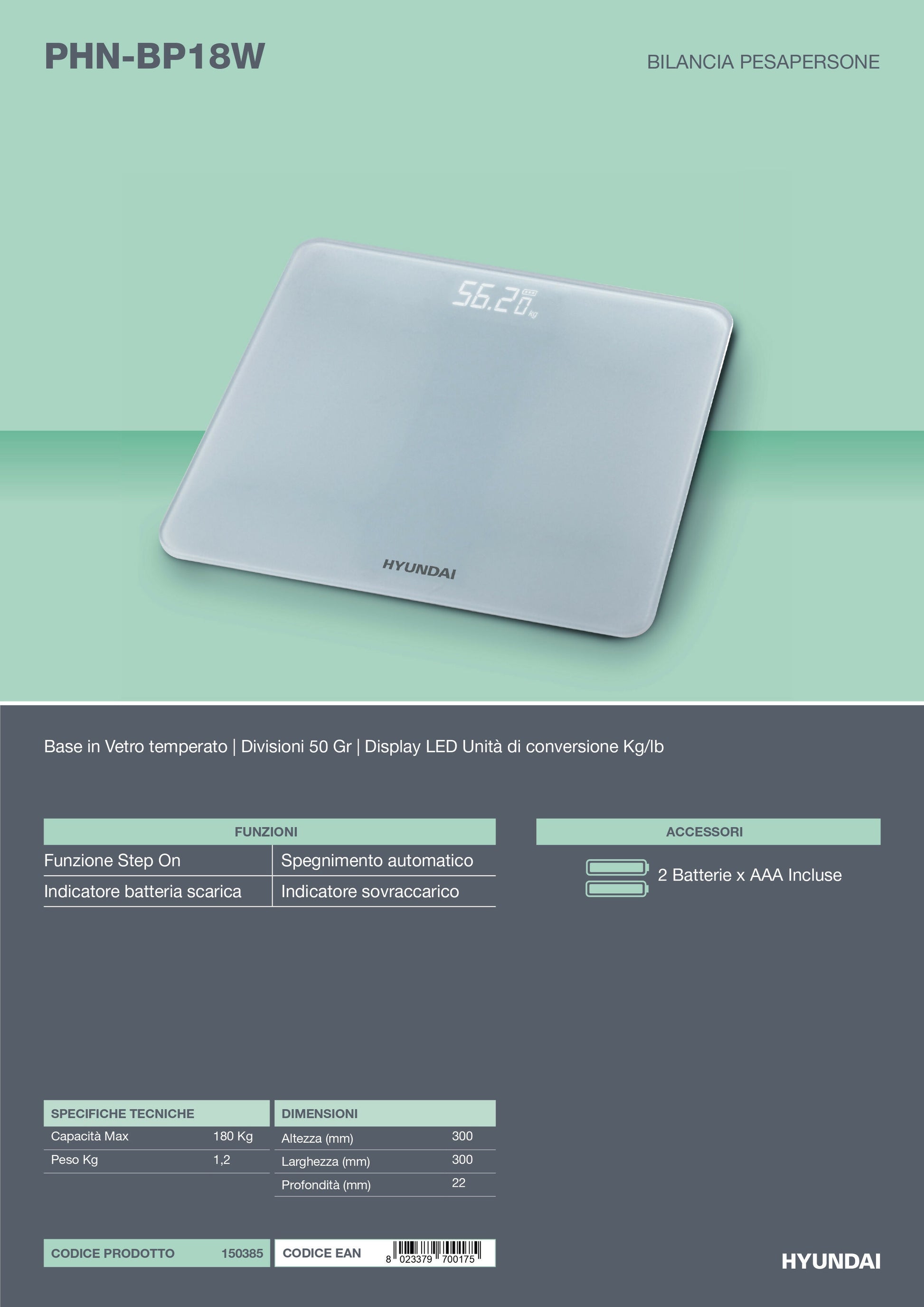Hyundai PHN-BP18W – Bilancia Pesapersone Digitale 180kg con Display LED