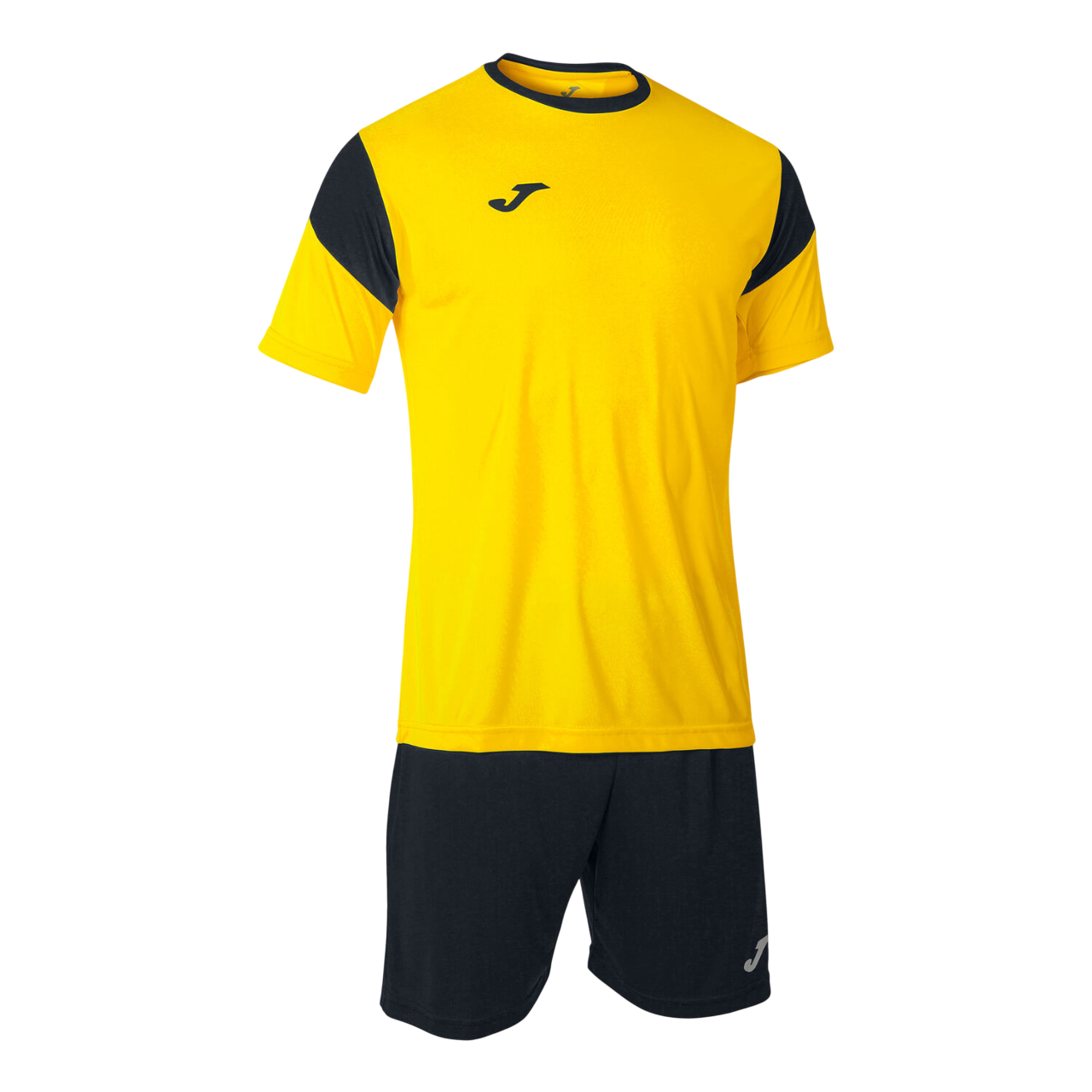 Completo sportivo Joma Phoenix Set uomo #102741.901 giallo e nero, t-shirt con collo rotondo e pantaloncino coordinato, tessuto tecnico traspirante