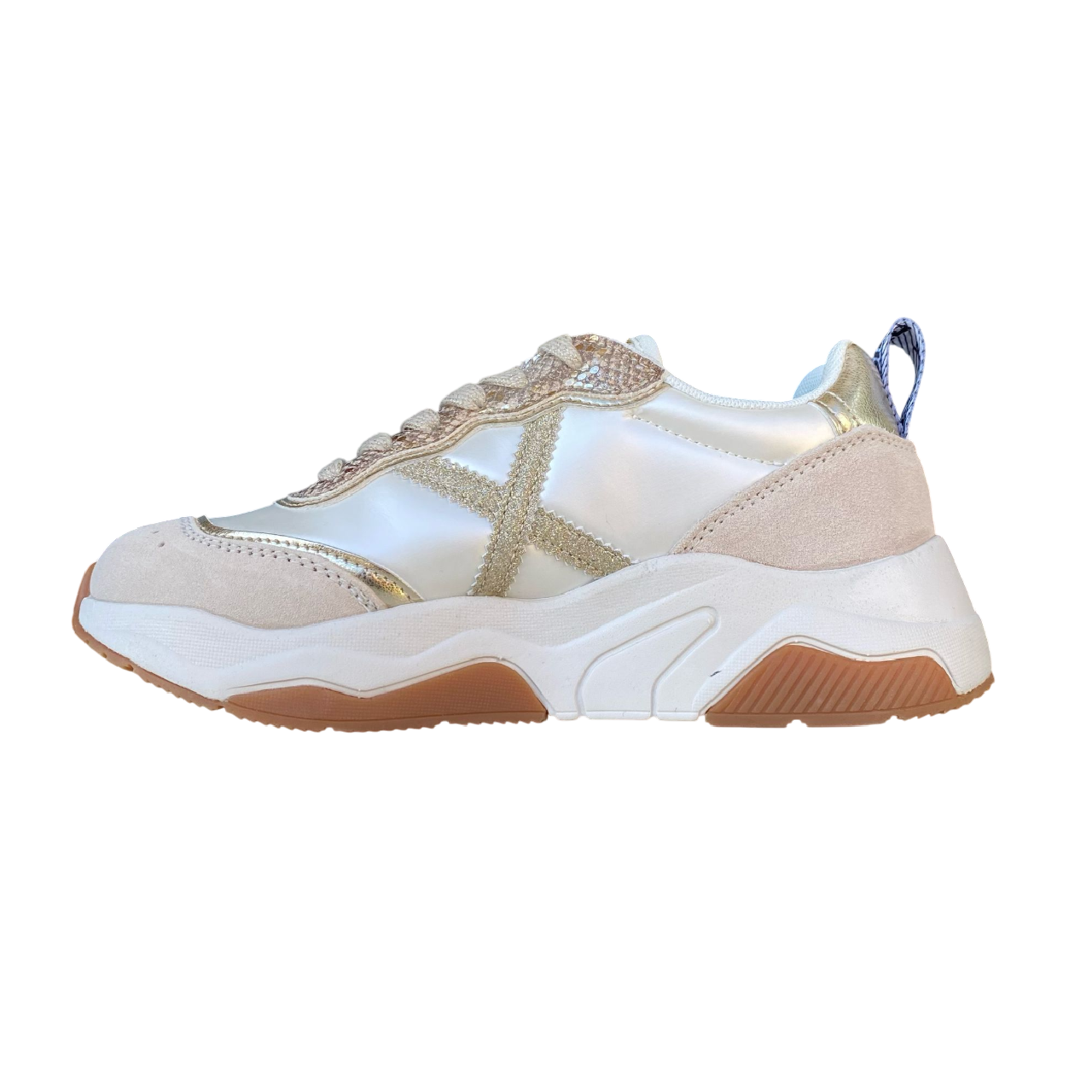 Munich scarpa sneakers da donna con X glitter dorato e inserto pitonato sul dorso Wave 173 perla