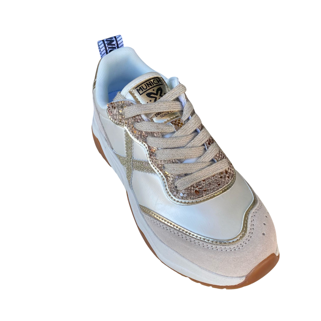 Munich scarpa sneakers da donna con X glitter dorato e inserto pitonato sul dorso Wave 173 perla