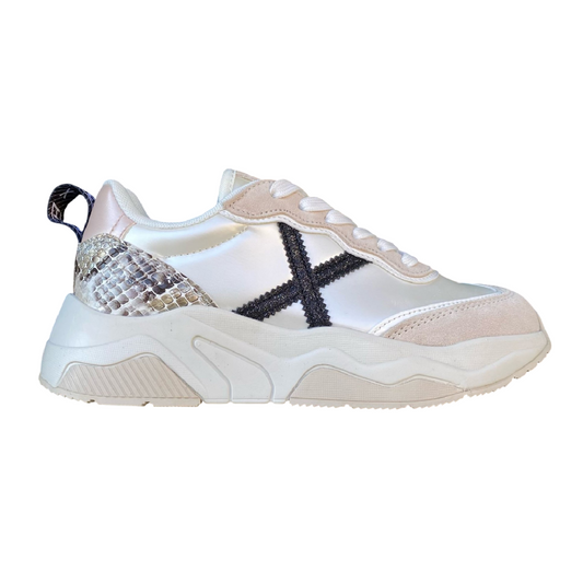 Munich scarpa sneakers da donna con X glitter nera e tallone pitonato Wave 170 perla