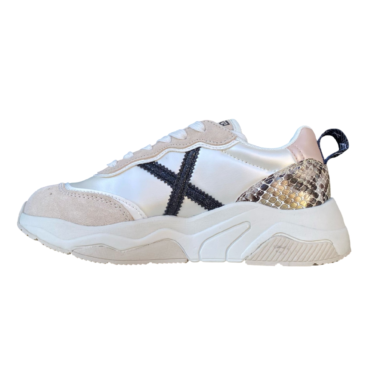 Munich scarpa sneakers da donna con X glitter nera e tallone pitonato Wave 170 perla