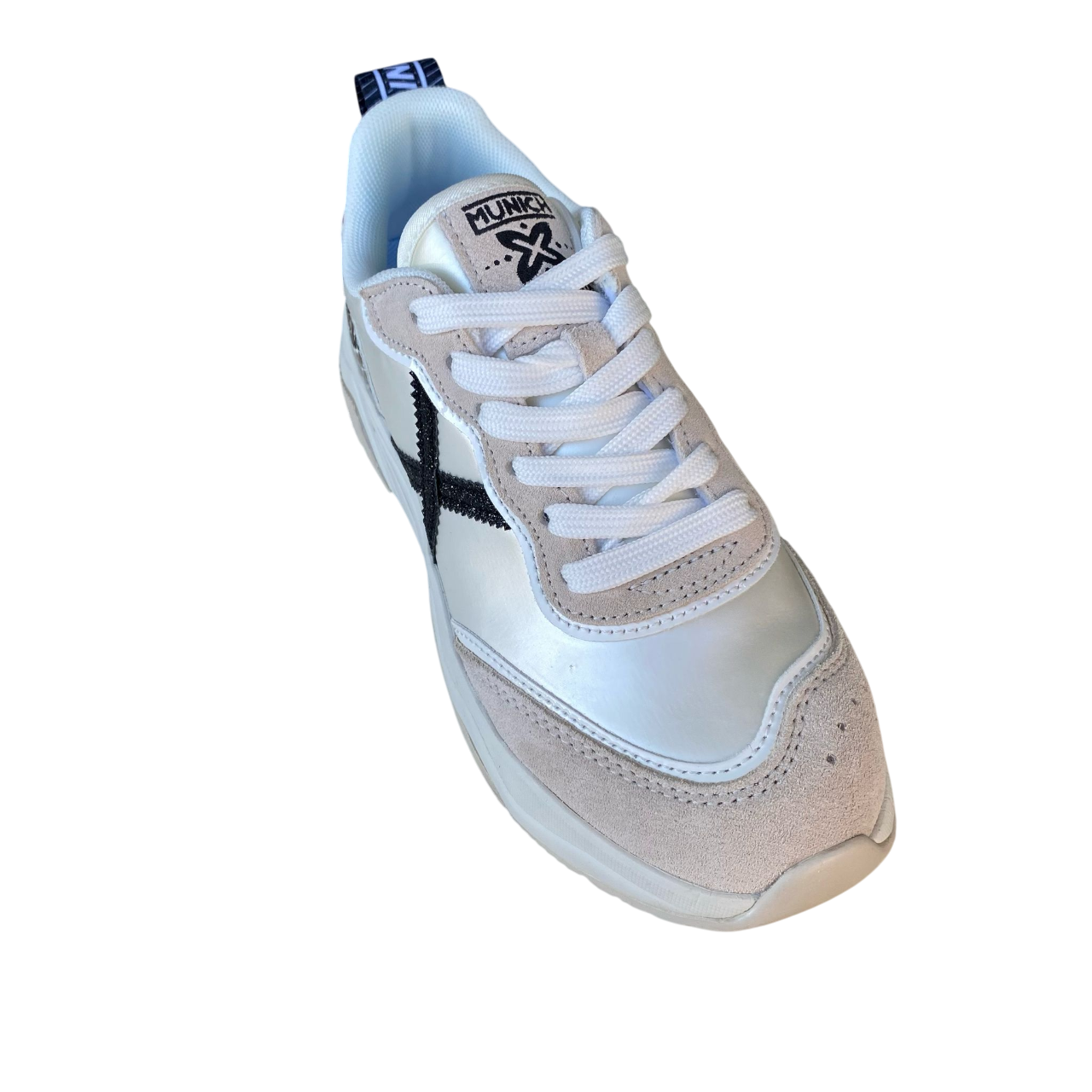 Munich scarpa sneakers da donna con X glitter nera e tallone pitonato Wave 170 perla