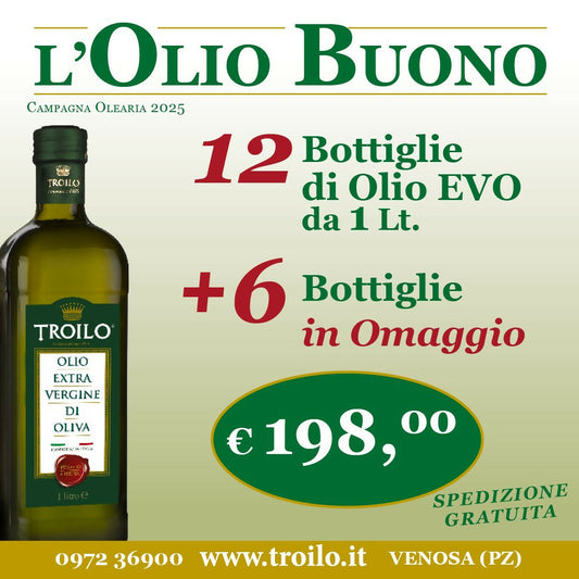 Offerta Olio Extra Vergine di Oliva Troilo 100% Italiano - 12 Bottiglie + 6 in Omaggio