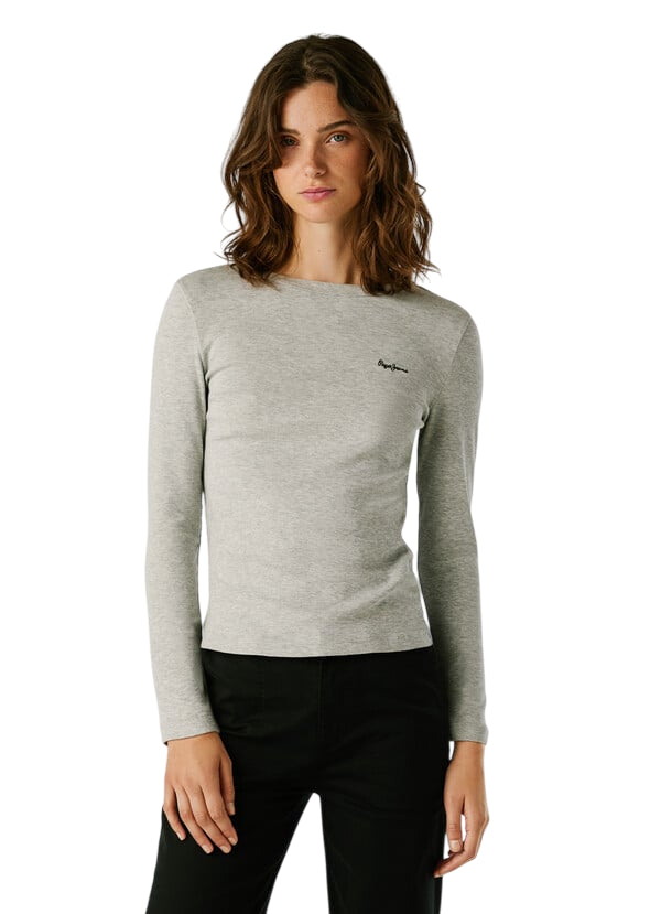 Pepe Jeans Maglia Donna BETINA PL5000025 933 Grigio - Maglia Aderente Girocollo a Coste in Cotone - frontale
