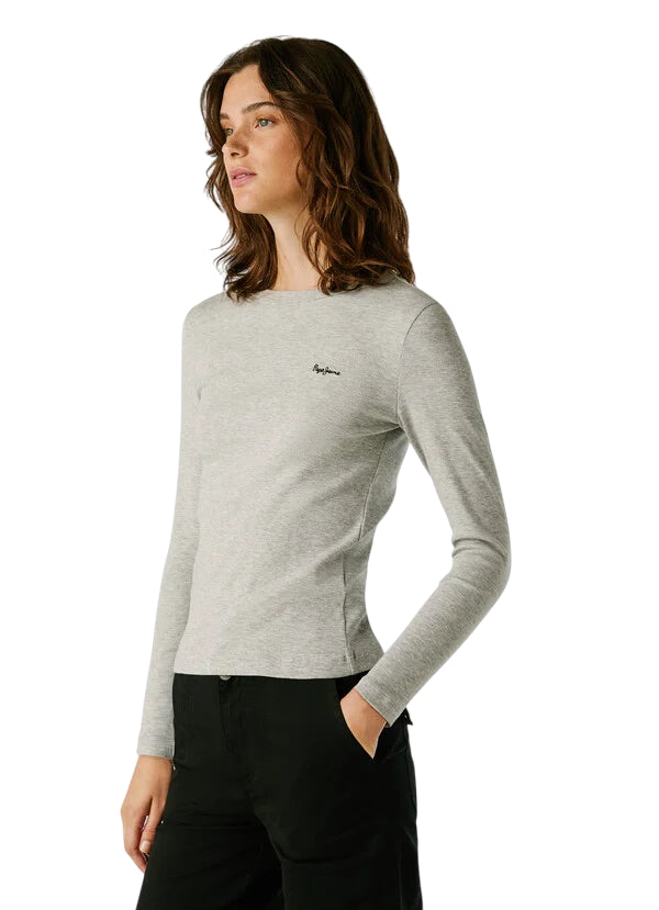 Pepe Jeans Maglia Donna BETINA PL5000025 933 Grigio - Maglia Aderente Girocollo a Coste in Cotone - laterale