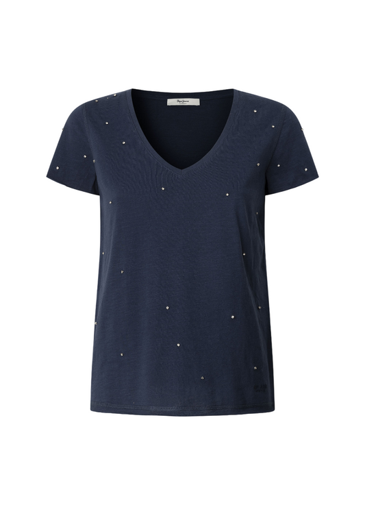 Pepe Jeans maglietta manica corta con scollo V con strass PL506023 588 blu