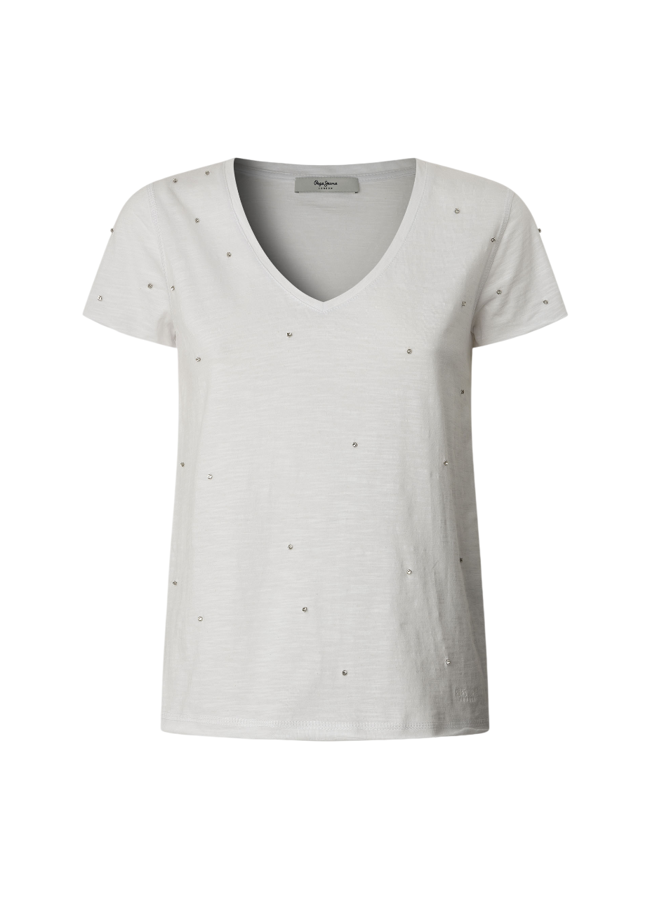 Pepe Jeans maglietta manica corta con scollo V con strass PL506023 800 bianco