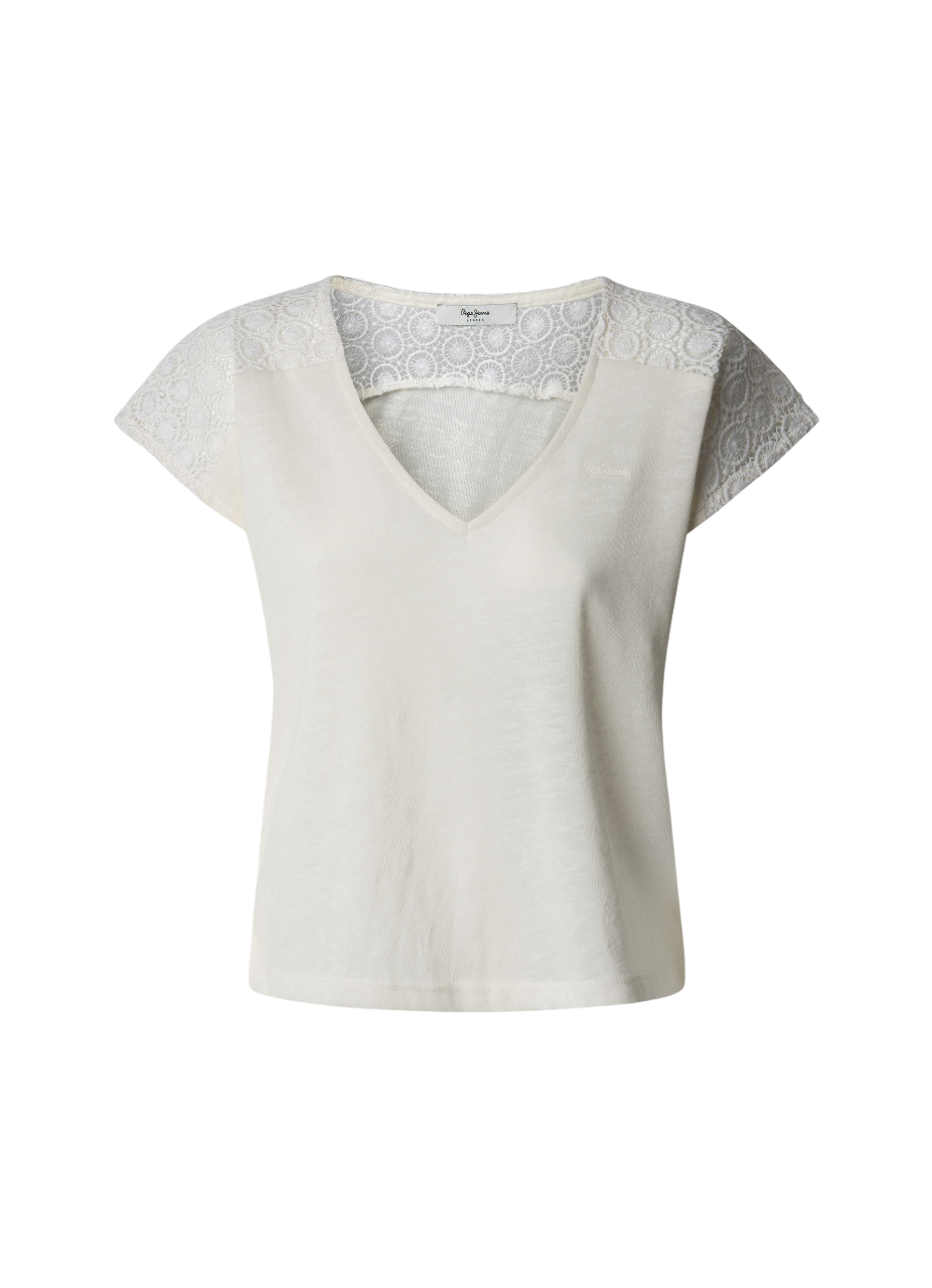 Pepe Jeans maglietta smanicata a costine da donna con scollo a V e pizzo Vernetta PL506061 808 panna