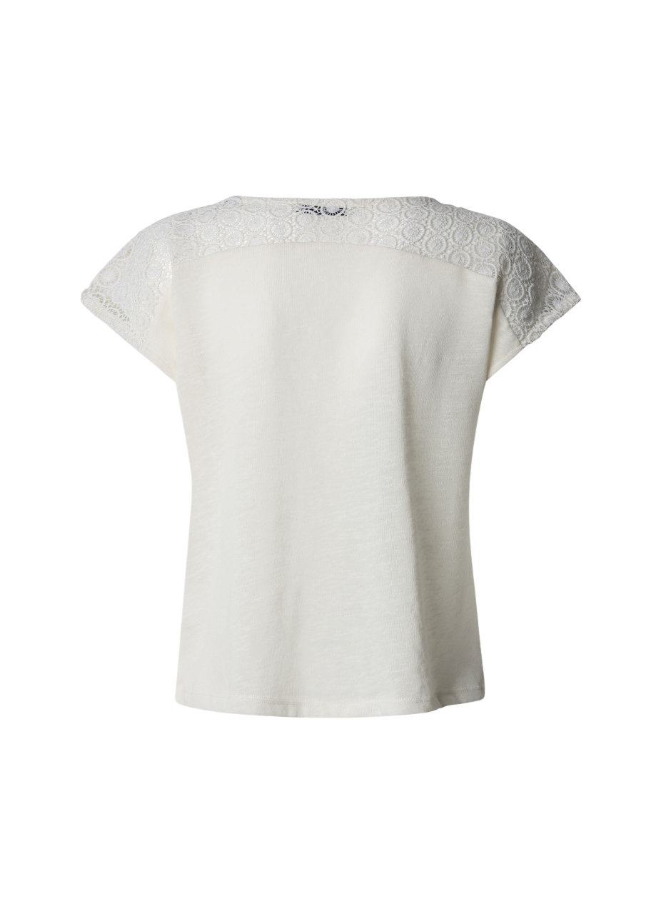 Pepe Jeans maglietta smanicata a costine da donna con scollo a V e pizzo Vernetta PL506061 808 panna1