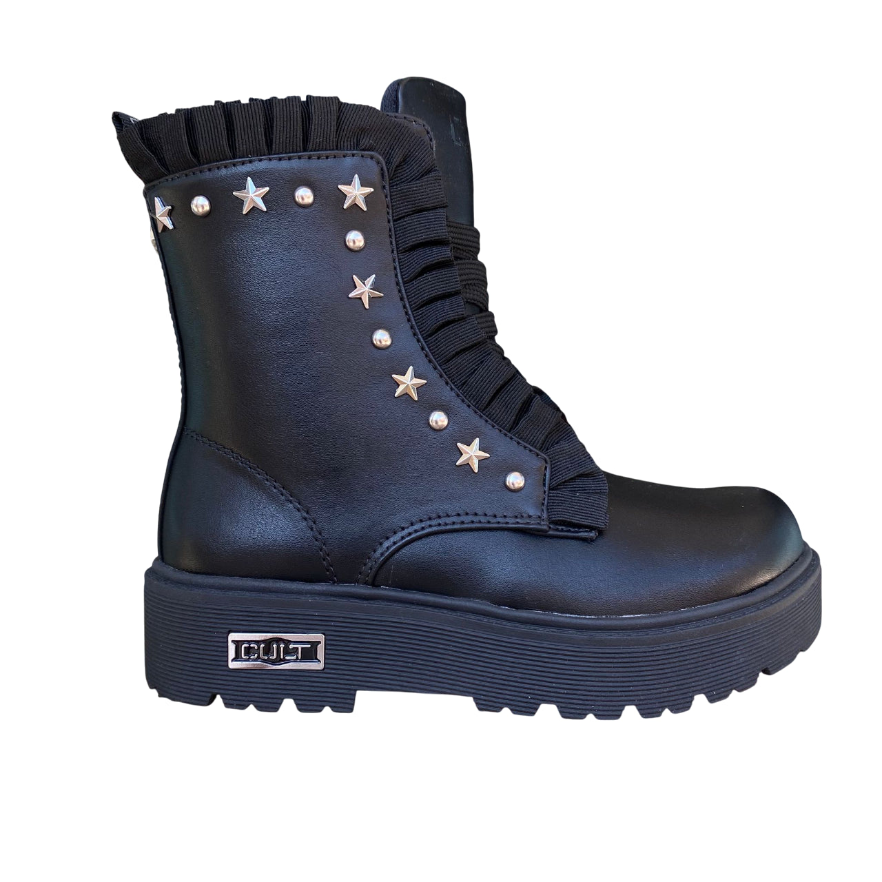 Profilo esterno stivaletto Cult bambina nero con logo Cult e design rock streetwear