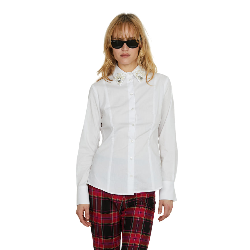 Relish – Camicia Donna YOH Manica Lunga Collo con Applicazione Perle, Pietre e Strass RDA2503056008 Bianco | Eleganza Preziosa e Look Luminoso Made in Italy