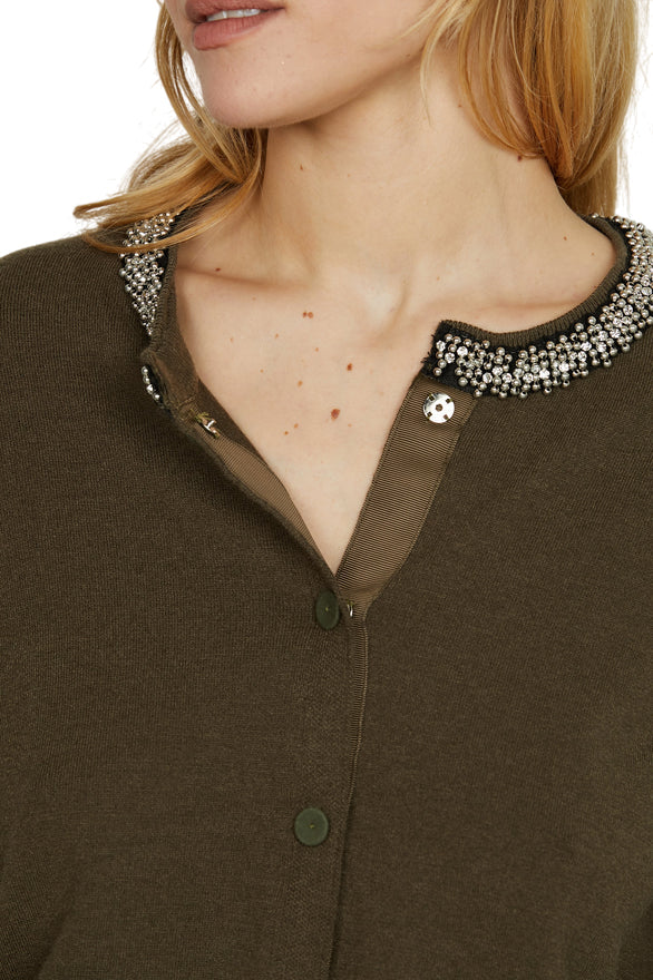 Relish – Maglia Cardigan SARIA Manica Lunga con Applicazione Strass e Perline RDA2502605008 Faggio - dettaglio colletto