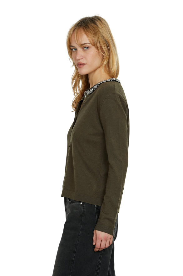 Relish – Maglia Cardigan SARIA Manica Lunga con Applicazione Strass e Perline RDA2502605008 Faggio - laterale