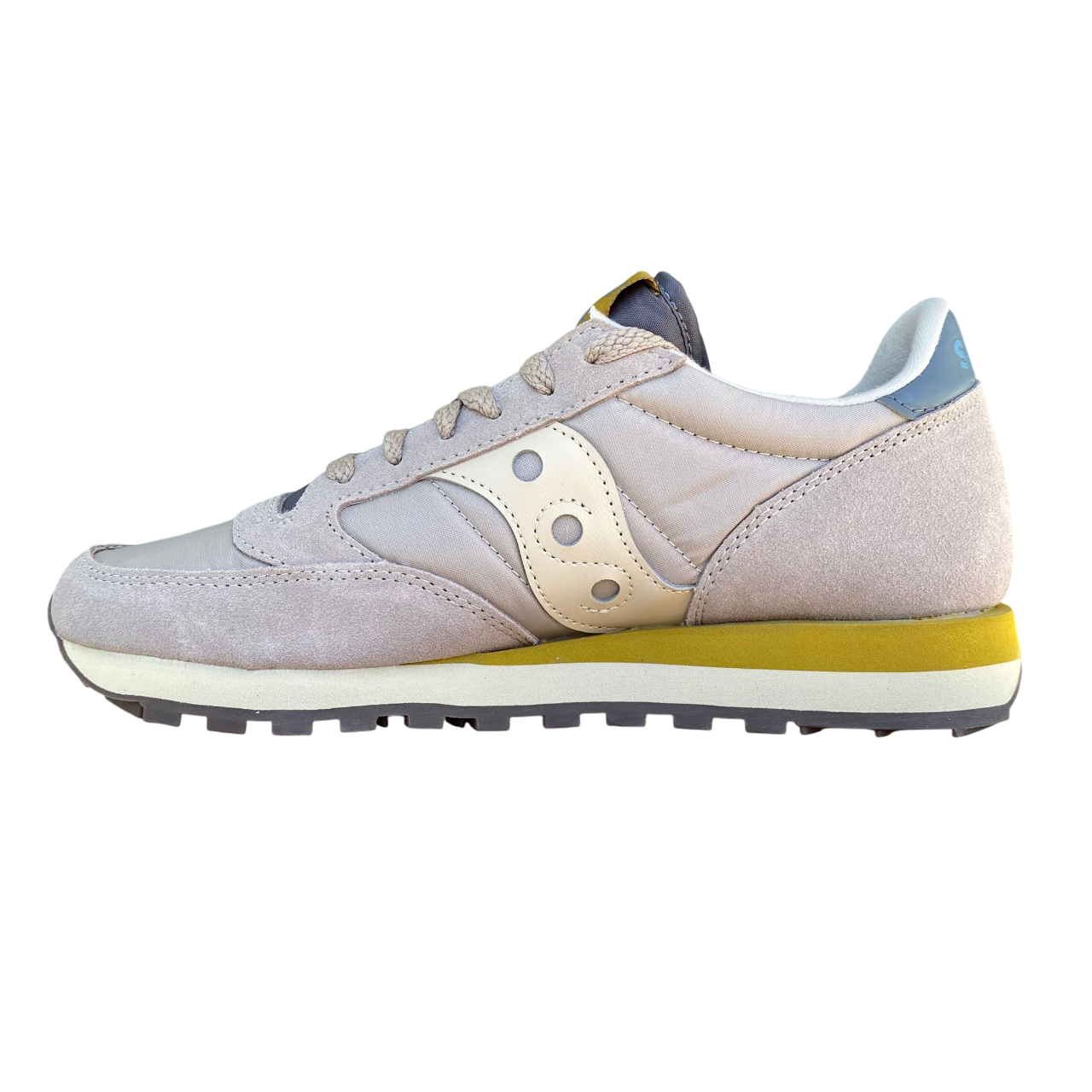 Saucony Jazz Original S2044-730 sneakers da uomo in colorazione beige-giallo, vista laterale interna che mostra il design vintage e i materiali premium 
