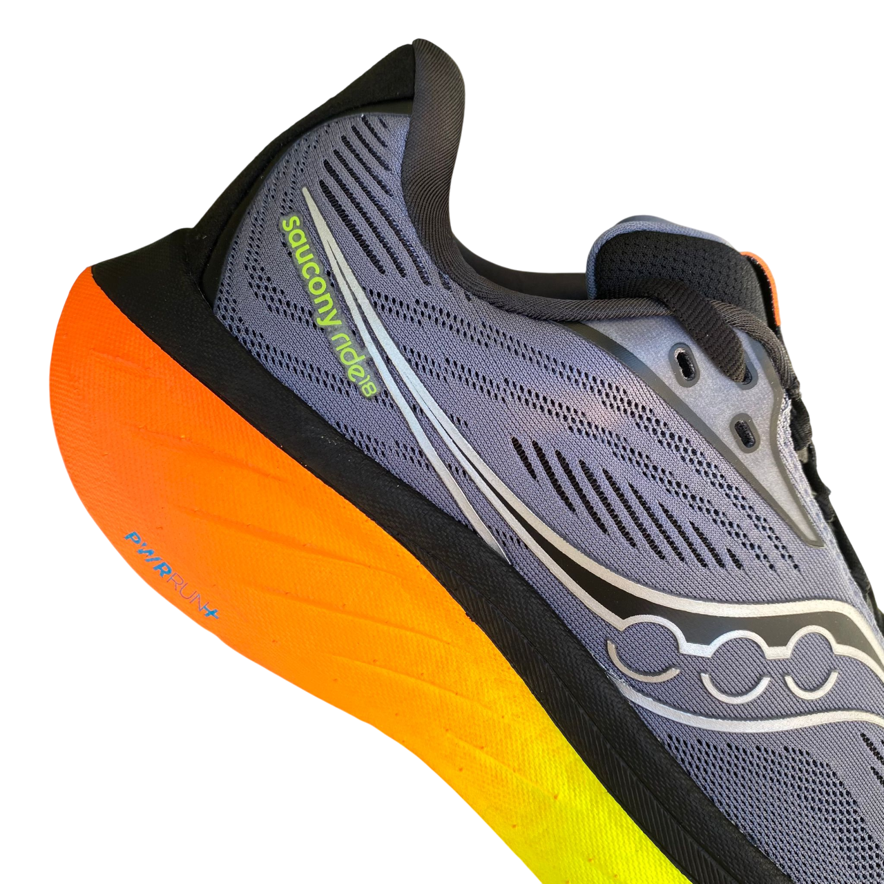 Saucony Ride 18 dettaglio design grigio giallo moderno