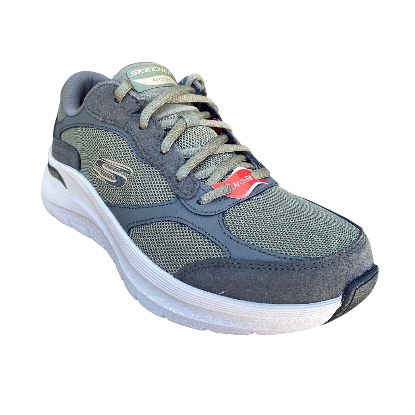 Scarpe Skechers Arch Fit 2.0 The Keep vista frontale con sistema di allacciatura e design sportivo oliva