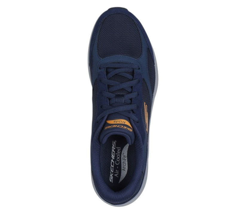 Scarpe Skechers Arch Fit 2.0 The Keep vista dall'alto con tomaia in mesh traspirante e applicazioni in pelle blu arancio