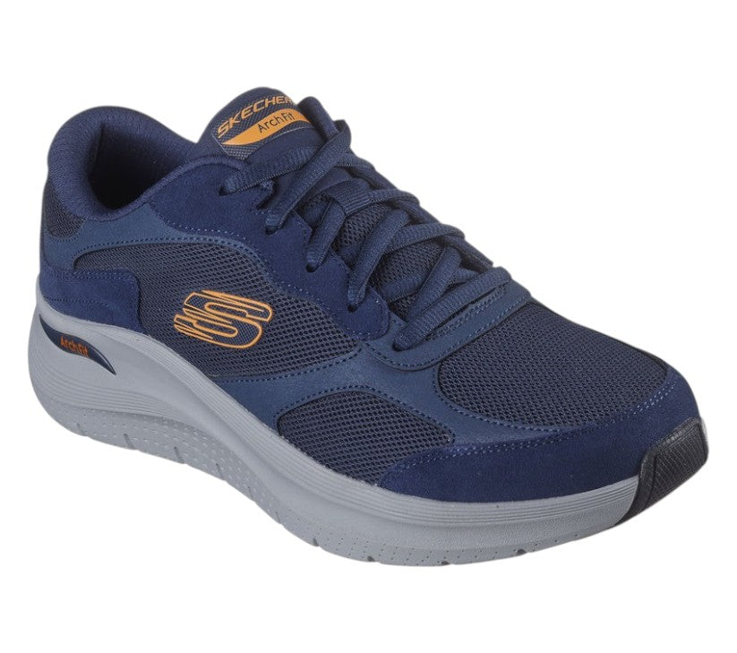 Scarpe Skechers Arch Fit 2.0 The Keep vista frontale con sistema di allacciatura e design sportivo blu arancio